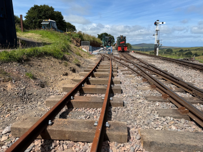 July 2025: The view up the transhipment siding showing the start of the gabion wall