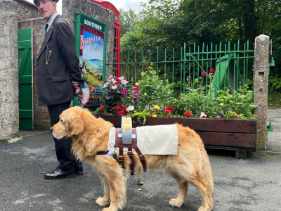 Henry the collecting dog and owner John at Woody Bay station