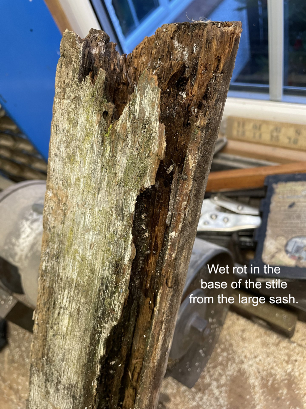 Wet rot in base of stile
