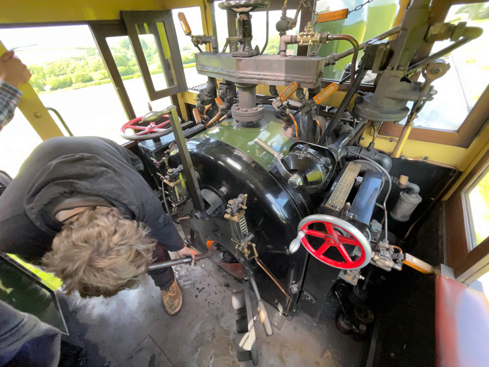 James has a go on 'Lyn'. Lyn footplate