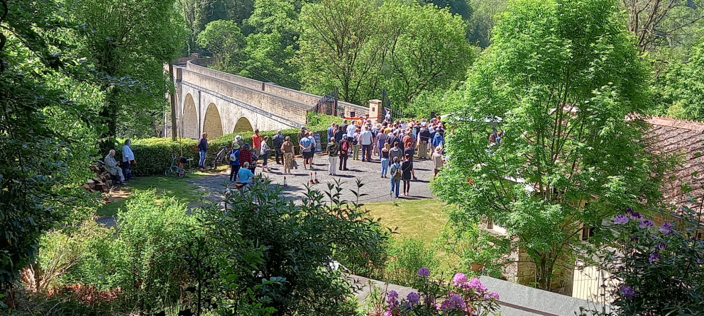 The crowds wait to cross the viaduct