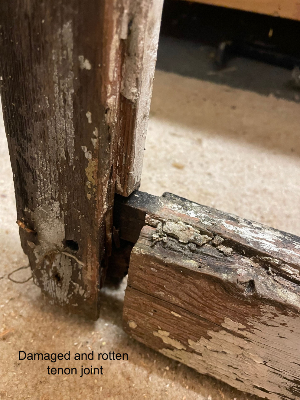 Damaged and rotten tenon joint