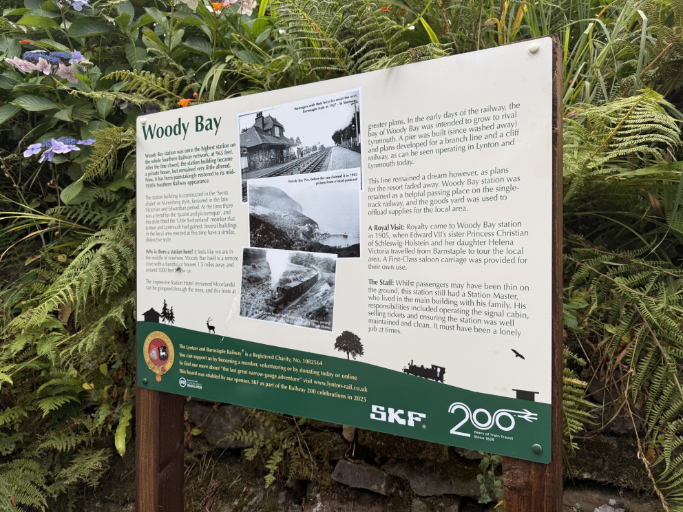One of the Railway 200 rail trail boards at Woody Bay